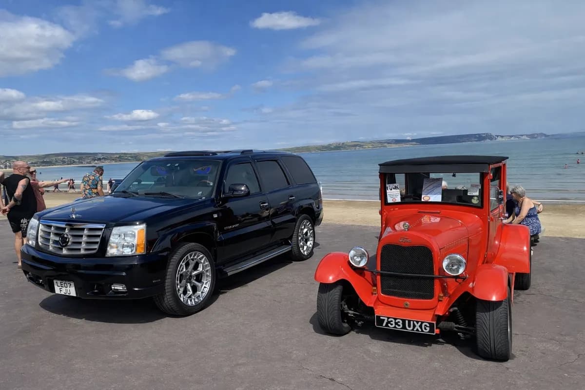 Cadillac and Red Hot Rod on the beach